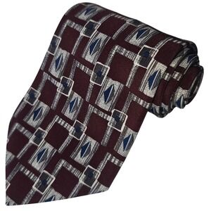 Town Craft Tie Made in USA Maroon Red with Blue Gray Squares 56"x 4" Vintage